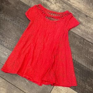 FREE PEOPLE Bright Coral Lace Boho Mini Dress Small